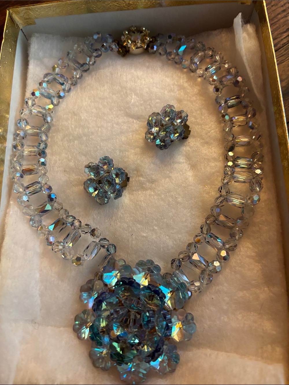 Aurora Crystal Flower Necklace and Clip-On Earrings - Blue